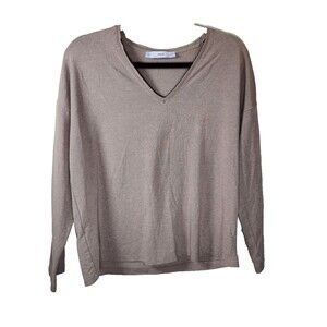 MNG Womens S Tan Long Sleeve V-Neck Knit Stretch T-Shirt